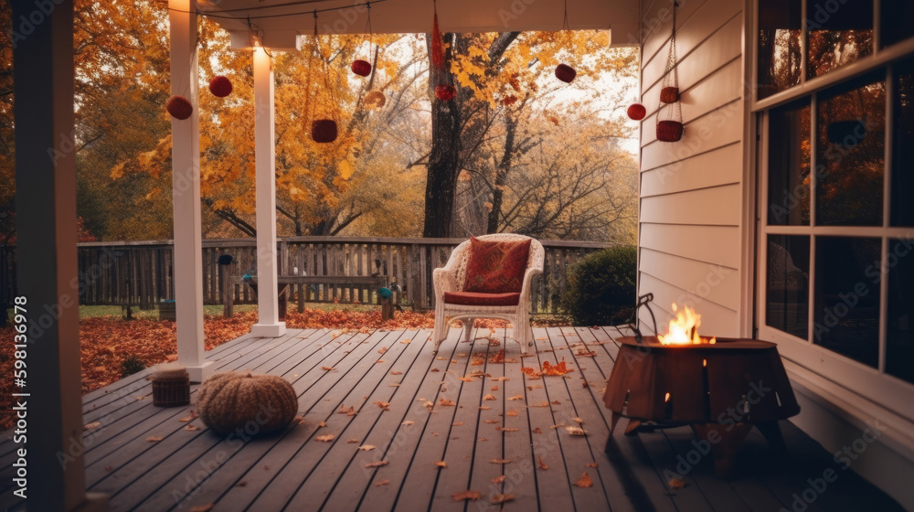 Comfortable autumn cozy outdoor. Illustration AI Generative.