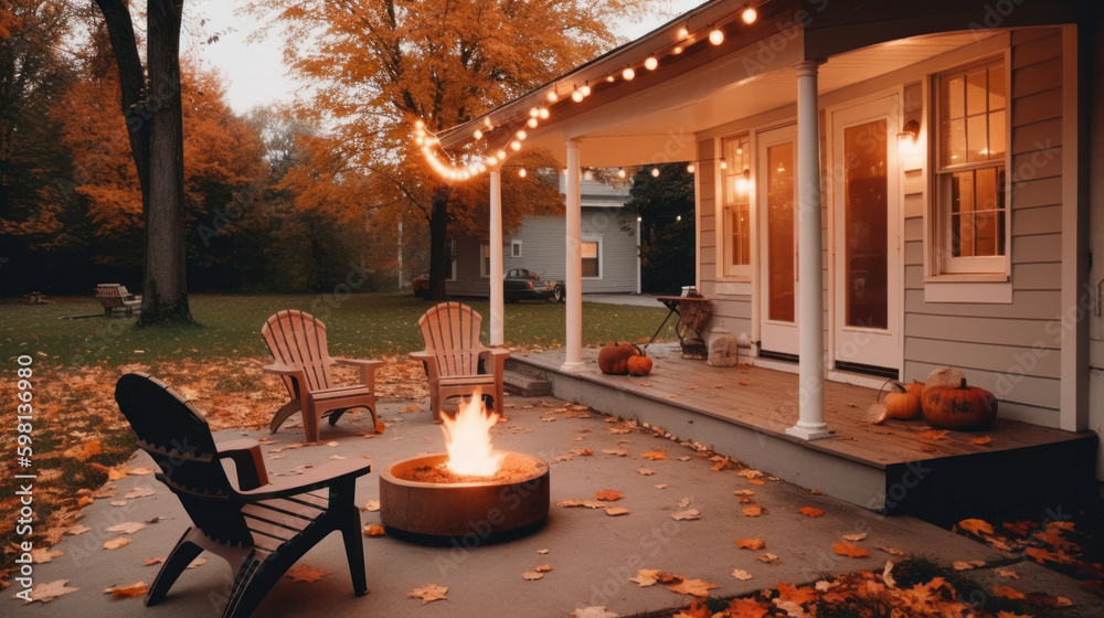 Comfortable autumn cozy outdoor. Illustration AI Generative.