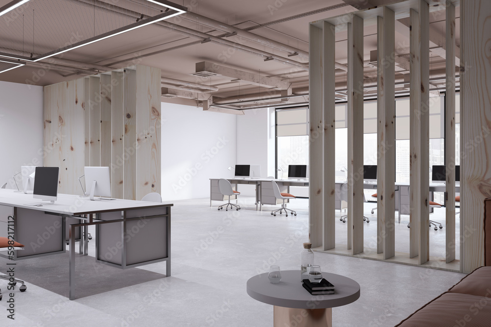 Modern light meeting room interior with window and city view, wooden elements, equipment and furnitu