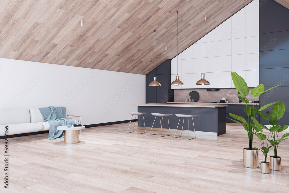 Beautiful wooden loft kitchen studio interior. Designs concept. 3D Rendering.