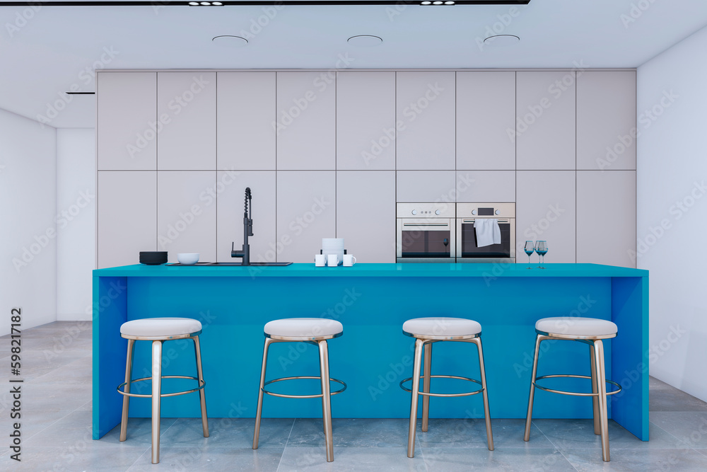 Bright white and blue loft kitchen studio interior. Designs concept. 3D Rendering.