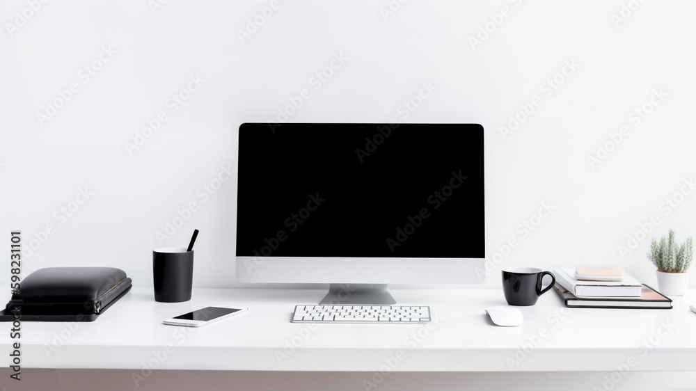 A modern workplace with blank computer monitor coffee cup on white table. Mock up. generative ai.