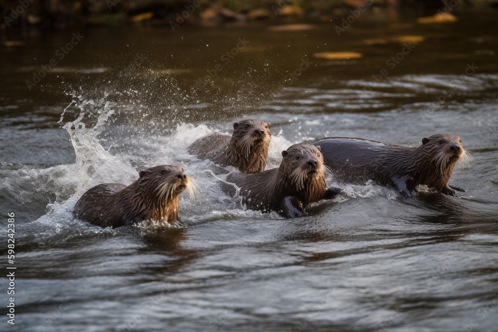 A group of otters chasing fish in a rive