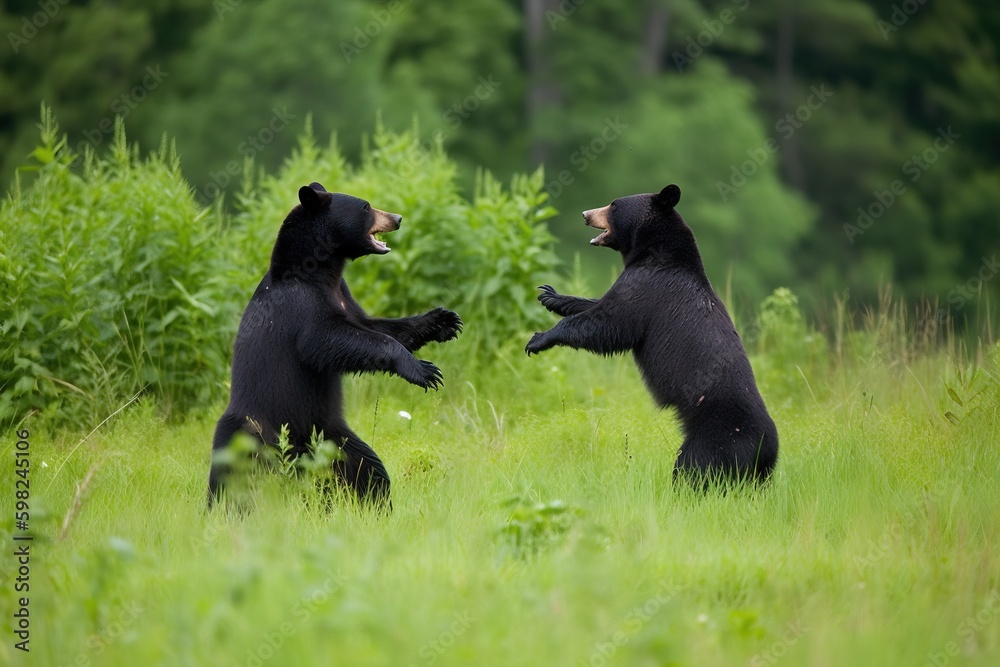 A pair of black bears playing in a fiel