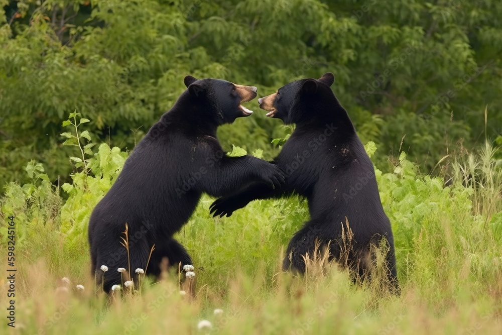 A pair of black bears playing in a fiel