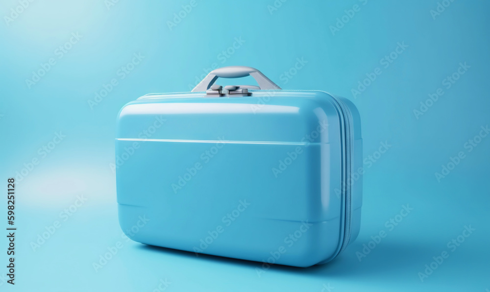 Blue travel suitcase, on blue background. Trip concept. Generative AI