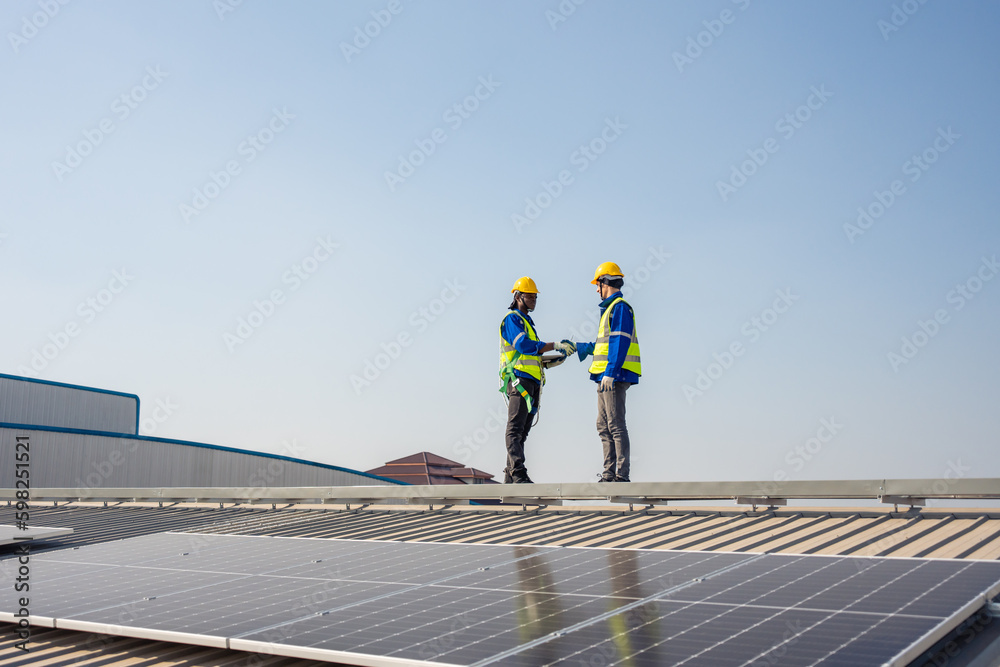 Professional engineer work to maintenance of photovoltaic panel system. 