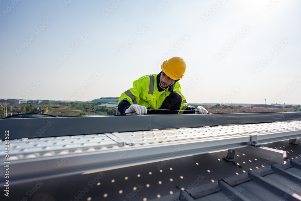 Professional engineer work to maintenance of photovoltaic panel system. 