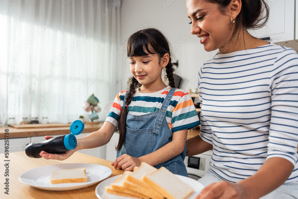 Caucasian happy family, parent spend time with kid together at home.