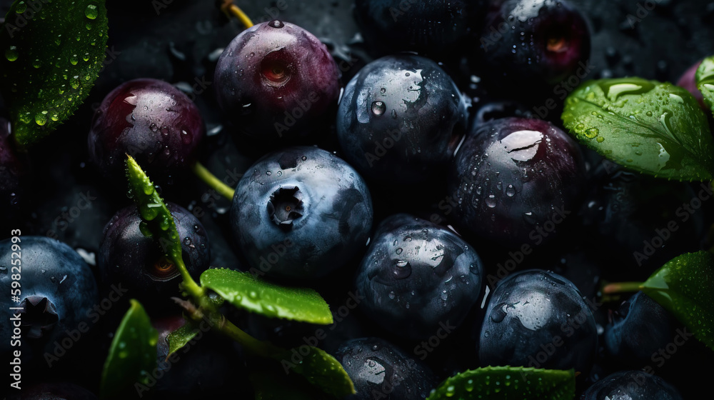 Fresh ripe huckleberry with water drops background. Berries backdrop. Generative AI