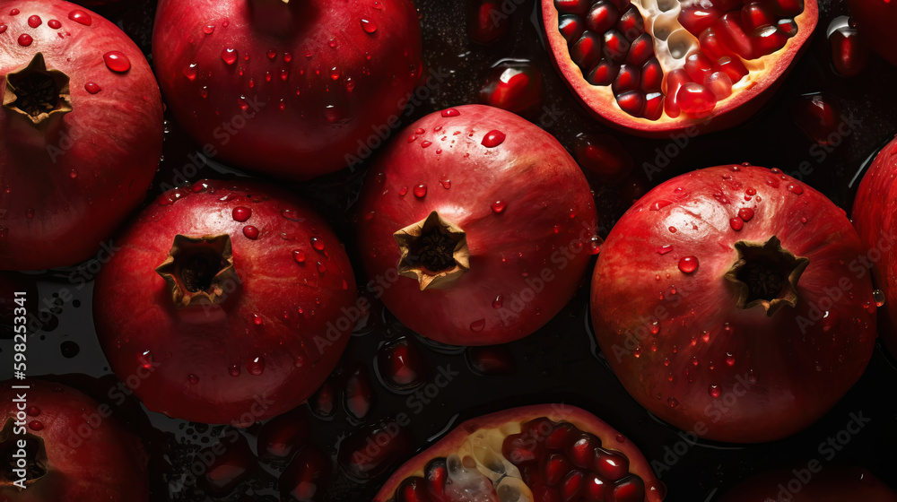 Fresh ripe pomegranades with water drops background. Fruits backdrop. Generative AI