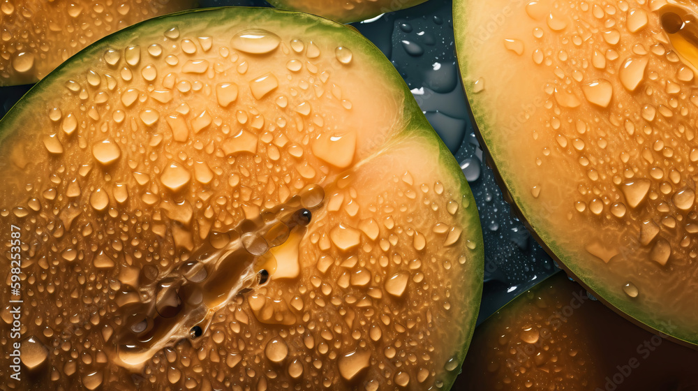 Fresh ripe cantaloupes with water drops background. Fruits backdrop. Generative AI