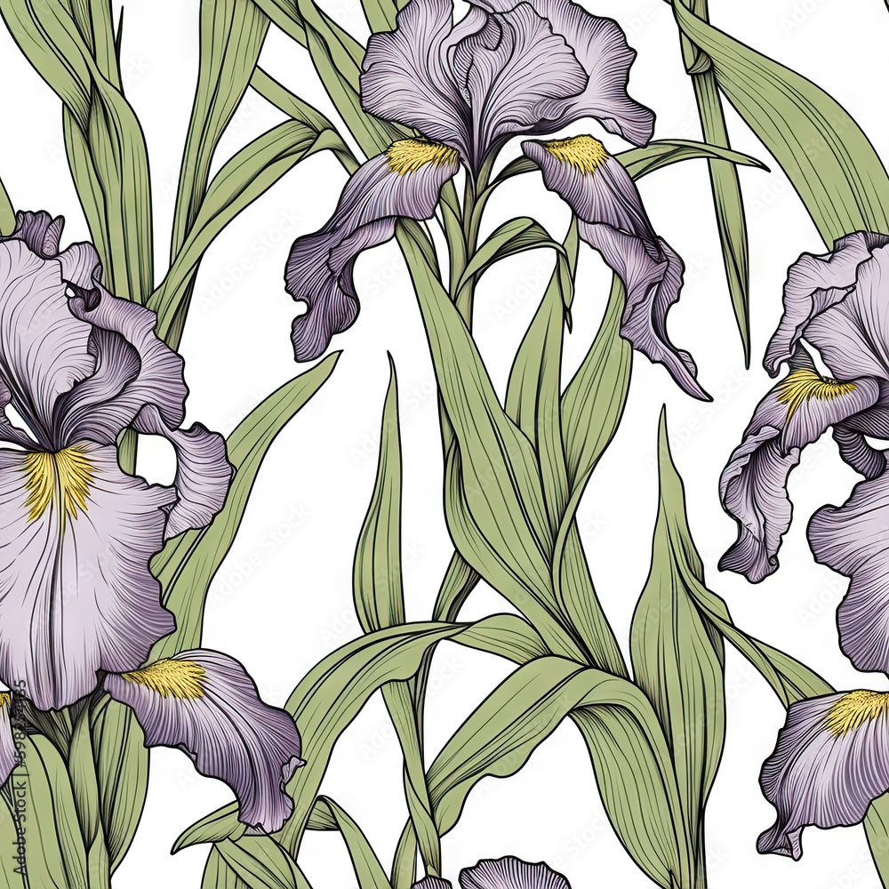 Iris flower seamless pattern. Floral seamless background. Generative AI