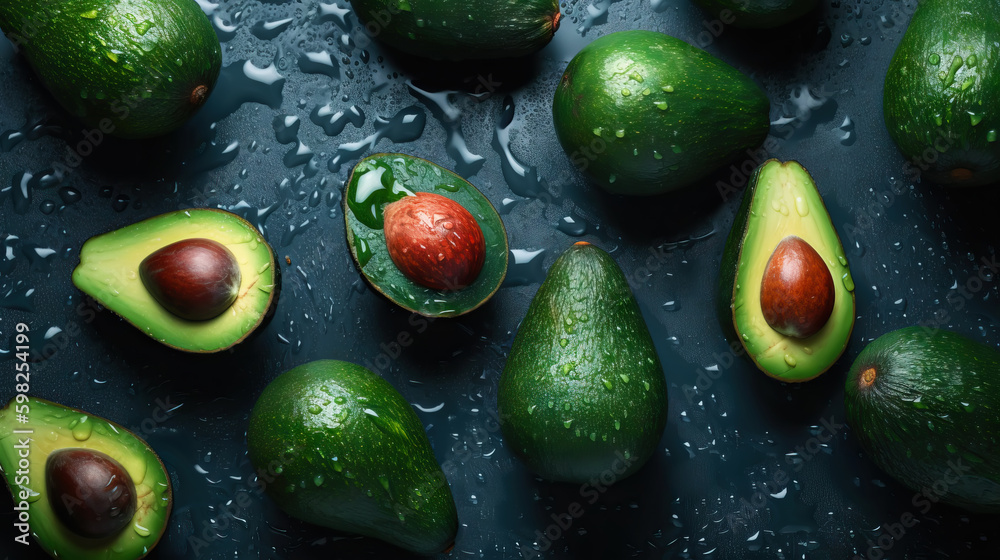 Fresh ripe avocados with water drops background. Fruits backdrop. Generative AI