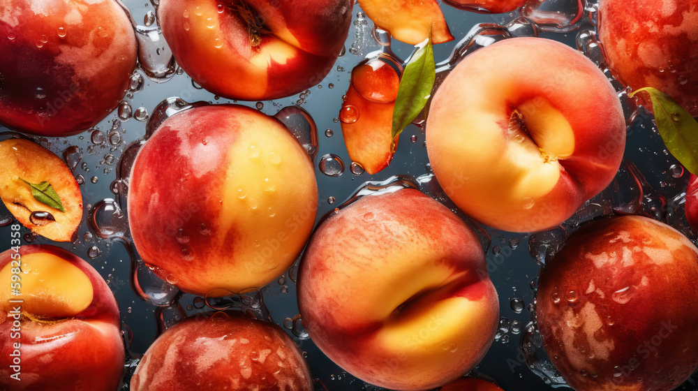 Fresh ripe peaches with water drops background. Fruits backdrop. Generative AI