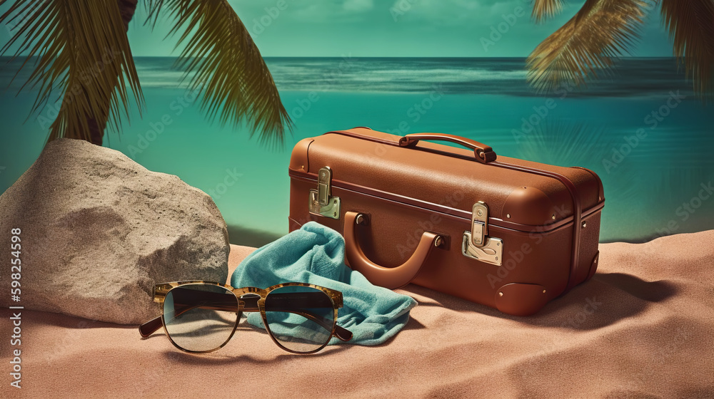 Suitcase with accessories on the sand with a sea background. Travel concept. Generative AI