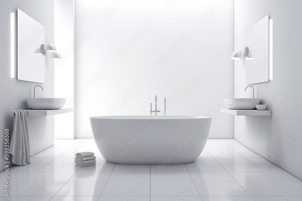 modern white bathroom with a spacious tub and double sinks. Generative AI Generative AI