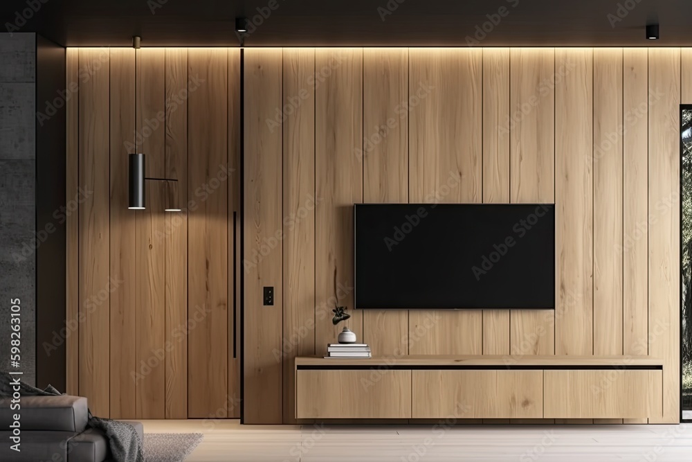 contemporary living room with a sleek flat screen television. Generative AI Generative AI