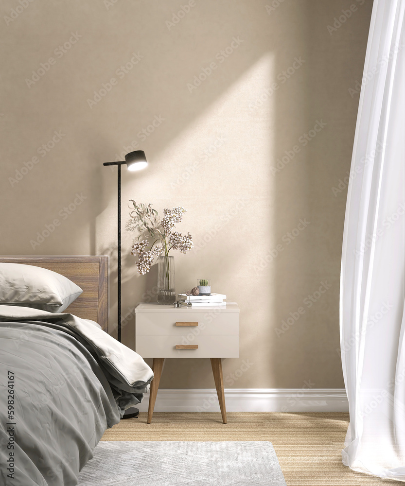 Beige brown wall bedroom with wooden bed, gray blanket, pillow, bedside table, black floor lamp on p