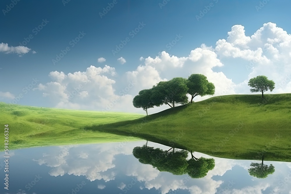 three trees on a hill with a scenic view of a body of water. Generative AI Generative AI