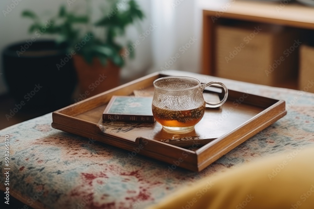 tray with a glass of tea on it. Generative AI Generative AI