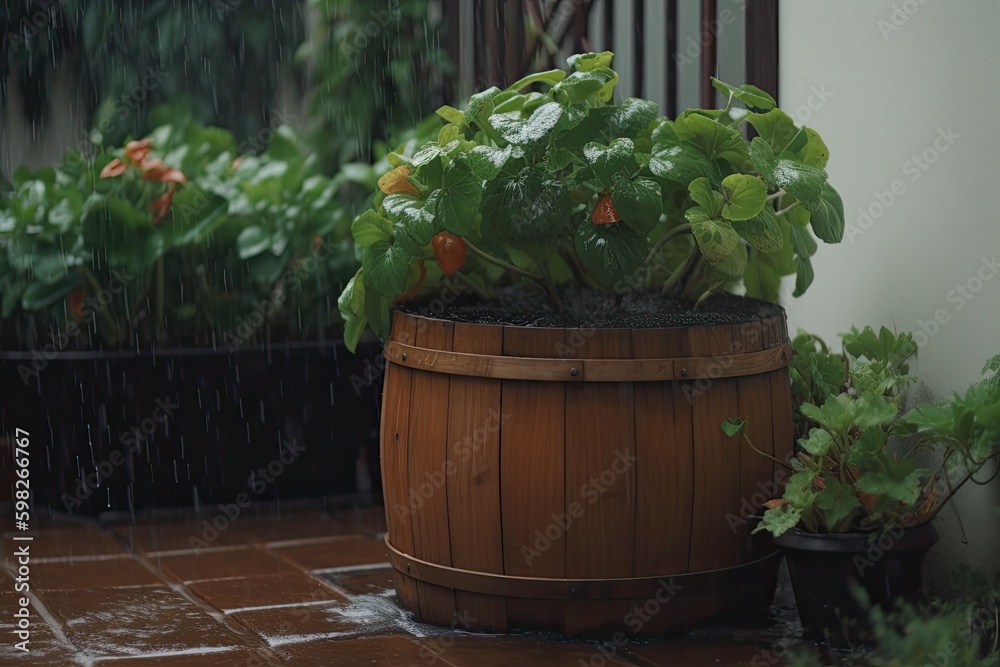 potted plant on a rustic wooden barrel. Generative AI Generative AI