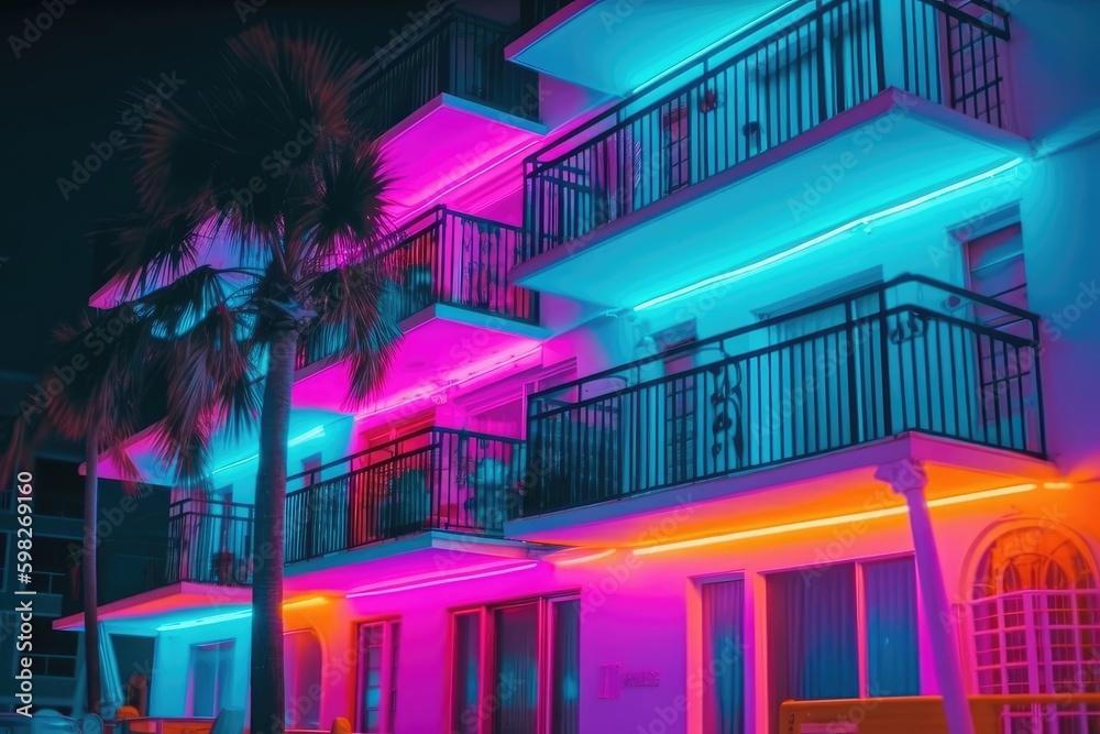 neon-lit building with palm trees in the foreground. Generative AI Generative AI