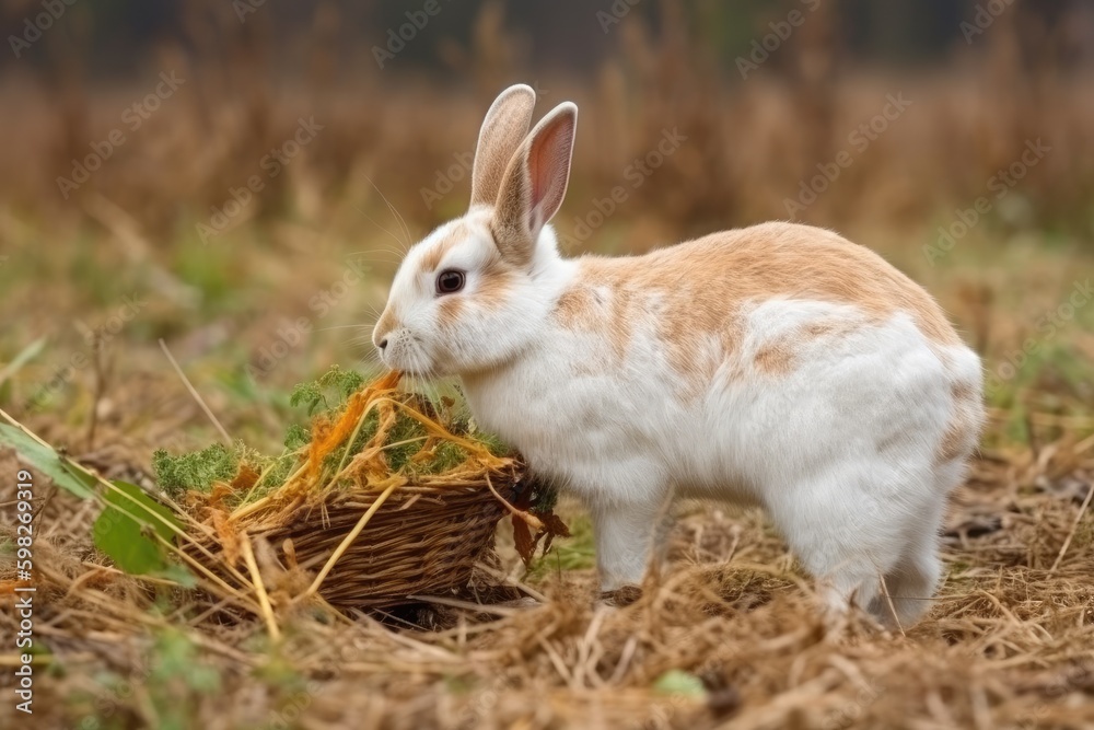 cute white rabbit happily munching on a carrot in a sunny green field. Generative AI Generative AI