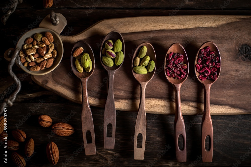 five wooden spoons filled with a variety of nuts and seeds. Generative AI Generative AI