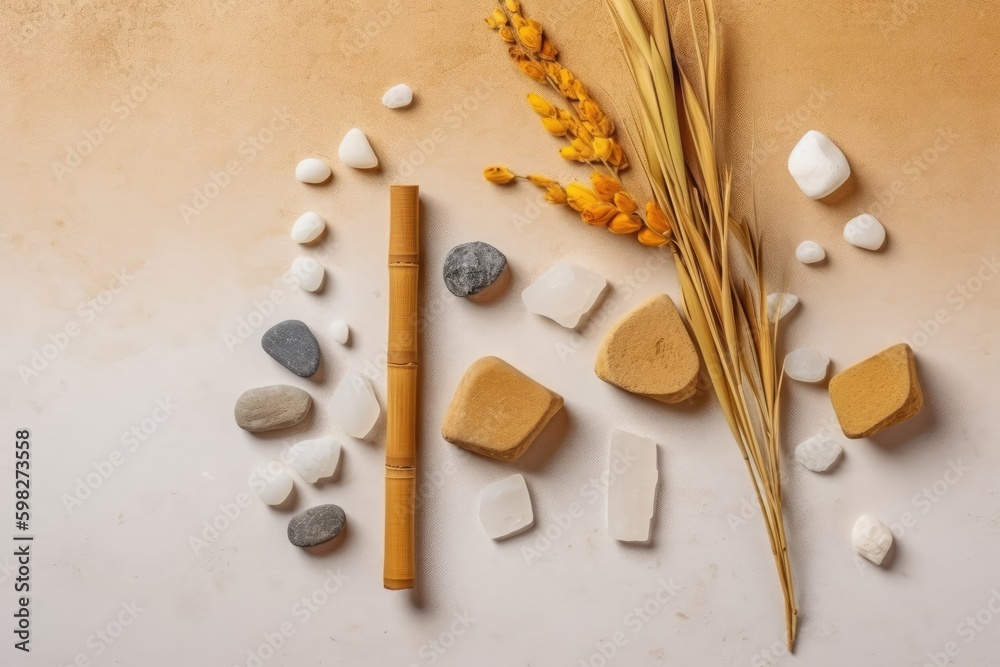 Bamboo sticks and rocks arranged on a table. Generative AI Generative AI