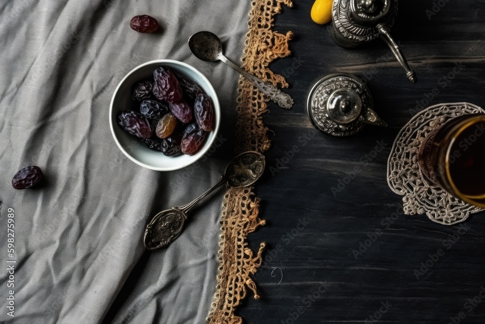 table setting with a bowl of fresh fruits and a cup of tea. Generative AI Generative AI