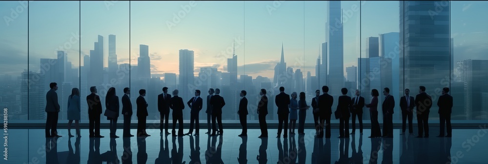 many business people conference group meeting on city office building in background showing partners