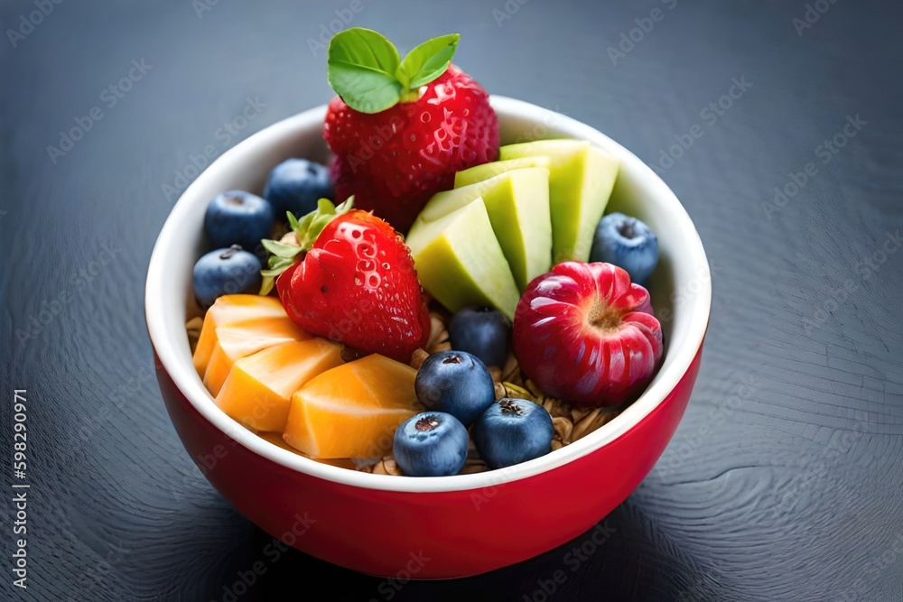 A colorful bowl of fresh fruit and yogurt, topped with granola and honey. generated by AI