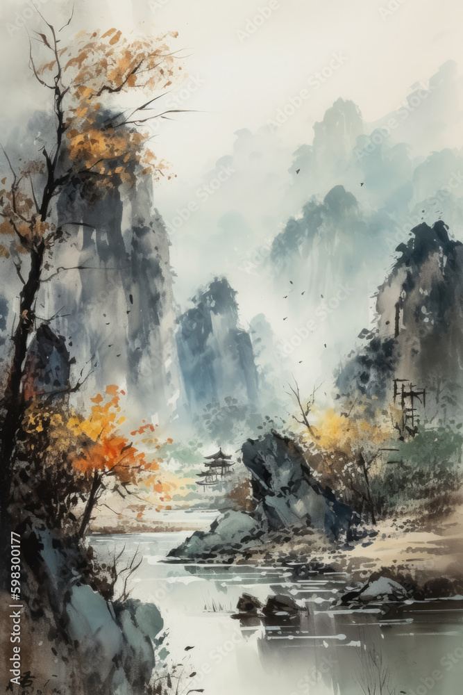 Chinese outdoor ink landscape painting