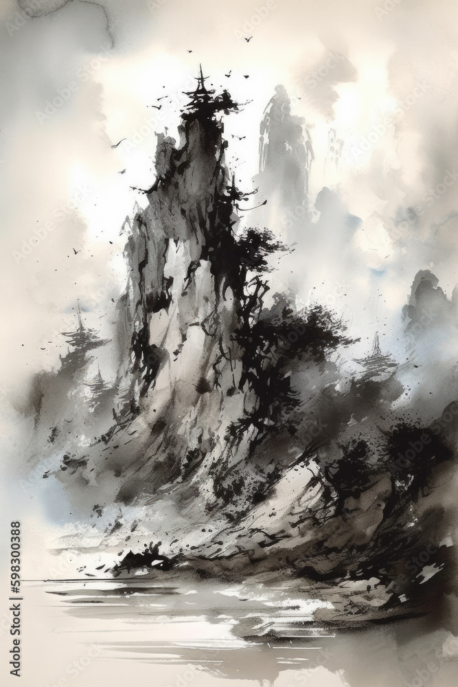 Chinese outdoor ink landscape painting