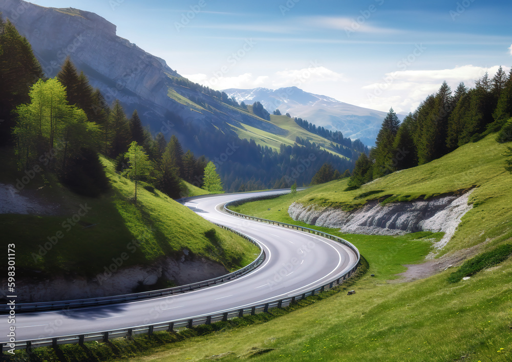 In mountainous environments with mountains; You can see a remote highway from the car driving