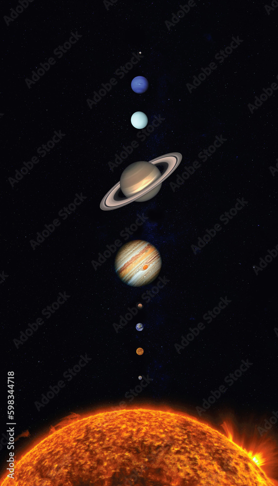 Solar system scale. Sun Mercury Venus Moon Earth Mars Jupiter Saturn Uranus Neptune Pluto. Elements 