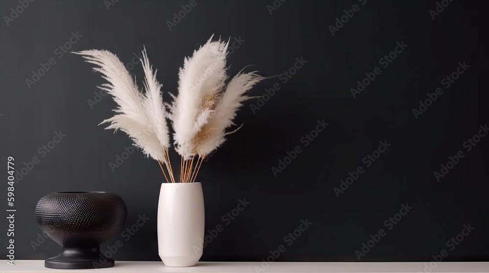 Vase with decorative plant branch against black wall background. Minimalist interior mockup. Generat