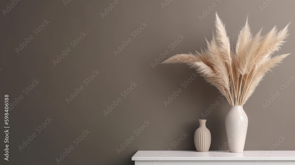 Vase with decorative plant branch against gray wall background. Minimalist interior mockup. Generati