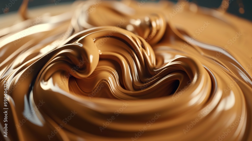 Closeup of caramel vortex. Swirl of sweet golden cream. Generative AI