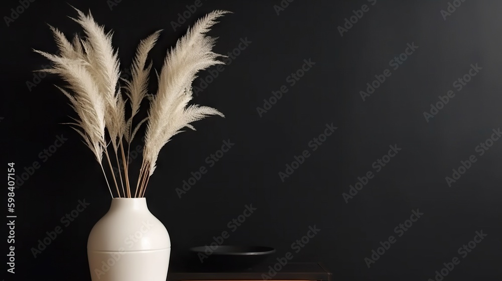 Vase with decorative plant branch against black wall background. Minimalist interior mockup. Generat