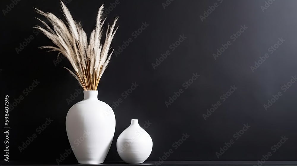 Vase with decorative plant branch against black wall background. Minimalist interior mockup. Generat