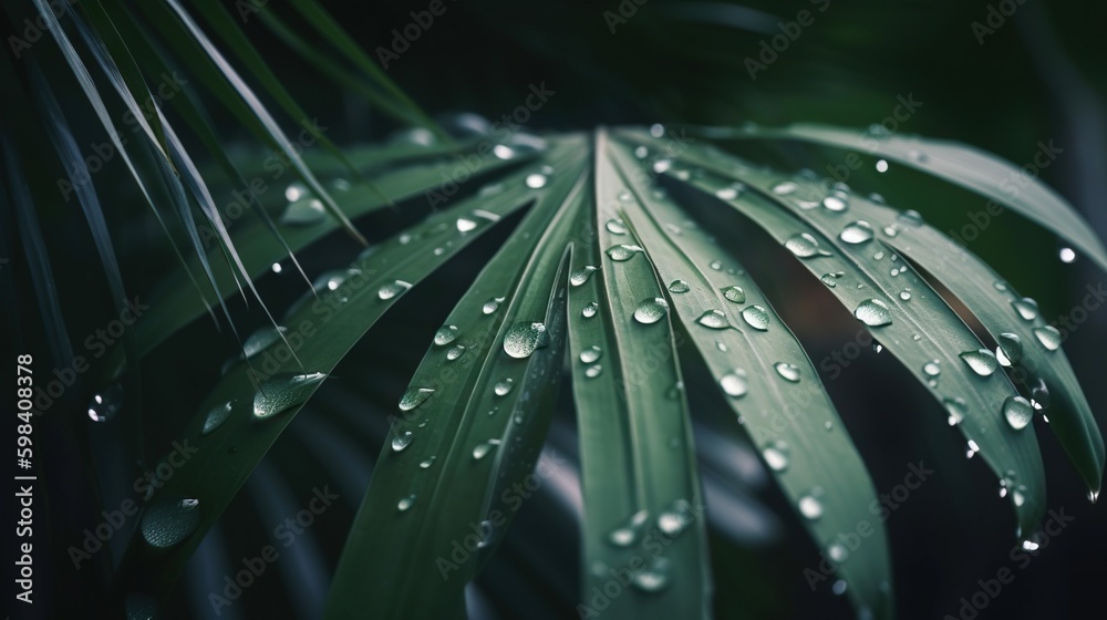 Closeup of palm tropical plant leaves with rain drops. Green natural backdrop. Generative AI