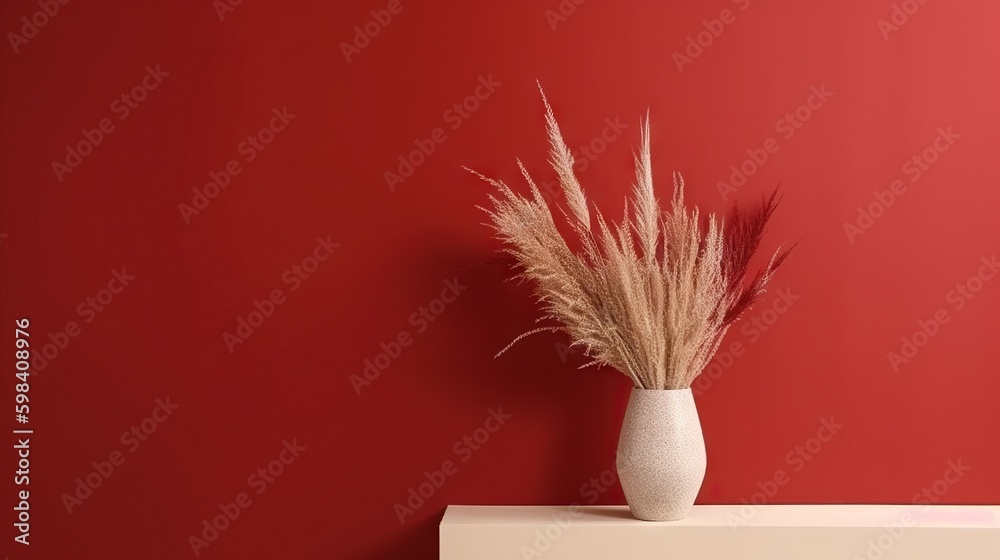 Vase with decorative plant branch against red wall background. Minimalist interior mockup. Generativ