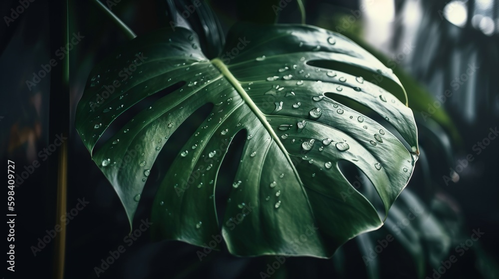 Closeup of Monstera tropical plant leaves with rain drops. Green natural backdrop. Generative AI