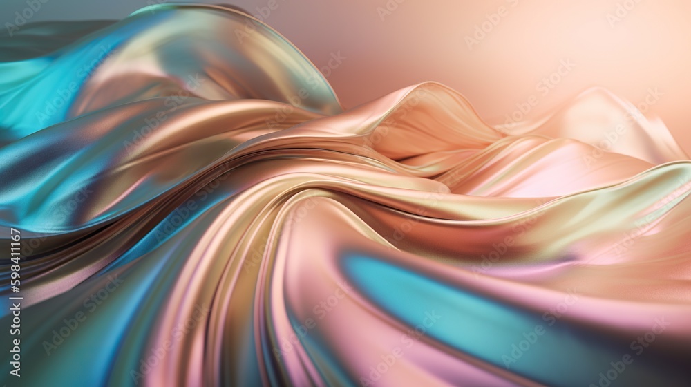 Wavy holographic foil. Neon gradient crumpled surface. Dreamy Y2K background. Generative AI