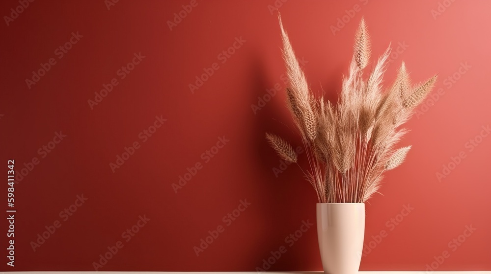 Vase with decorative plant branch against red wall background. Minimalist interior mockup. Generativ