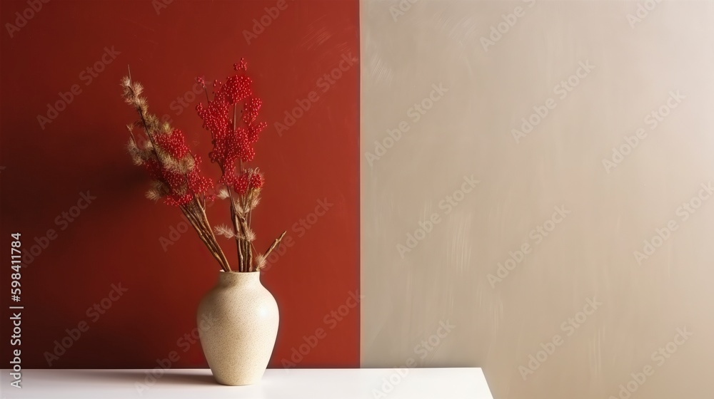 Vase with decorative plant branch against red and beige wall background. Minimalist interior mockup.