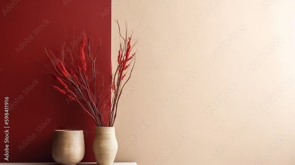 Vase with decorative plant branch against red and beige wall background. Minimalist interior mockup.