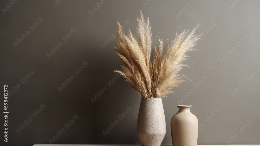 Vase with decorative plant branch against gray wall background. Minimalist interior mockup. Generati